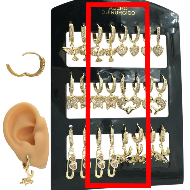 DORADO MEDIO BLISTER X6 PARES PALOMA CORAZON MARIPOSA DELFIN GANCHO COLIBRI PICAFLOR C/ CUBIC EN BISAGRA C/ STRASS 13MM ARO