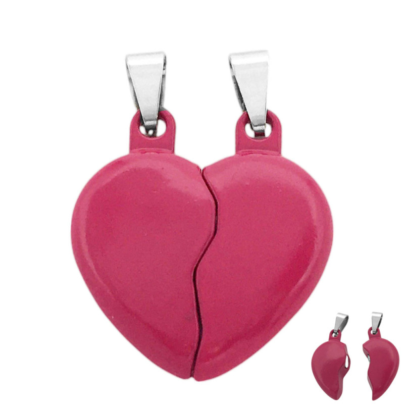 FUCSIA CORAZON 3D IMANTADO C/ DROPS PARA COMPARTIR COLLAR FANTASIA FINA DIJE