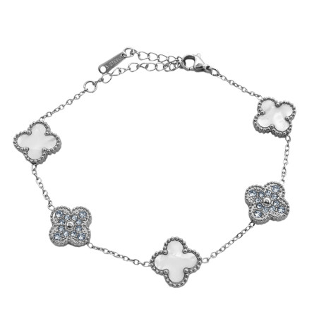 TRES FLORES NACAR Y DOS FLORES C/ STRASS TREBOL TIPO VAN CLEEF 18+4CM PULSERA