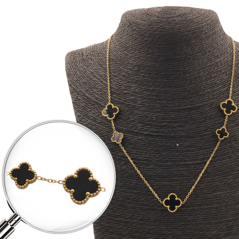 DORADO NEGRO TRES FLORES GRANDES Y DOS MEDIANAS TREBOL TIPO VAN CLEEF 45+5CM COLLAR