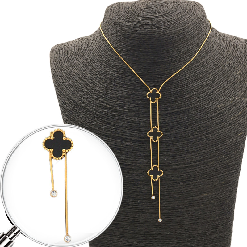 DORADO GARGANTILLA NEGRO TRES FLORES Y COLA DE RATA EXTREMOS STRASS TREBOL TIPO VAN CLEEF 34+6CM COLLAR