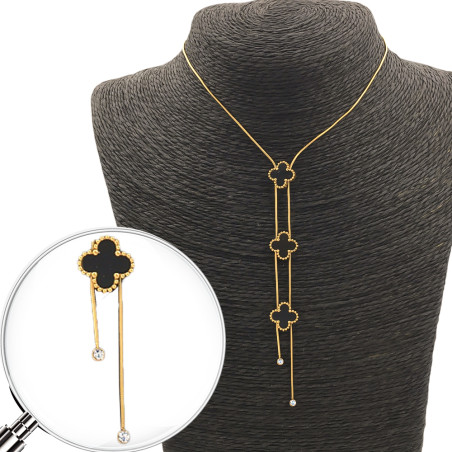 DORADO GARGANTILLA NEGRO TRES FLORES Y COLA DE RATA EXTREMOS STRASS TREBOL TIPO VAN CLEEF 34+6CM COLLAR