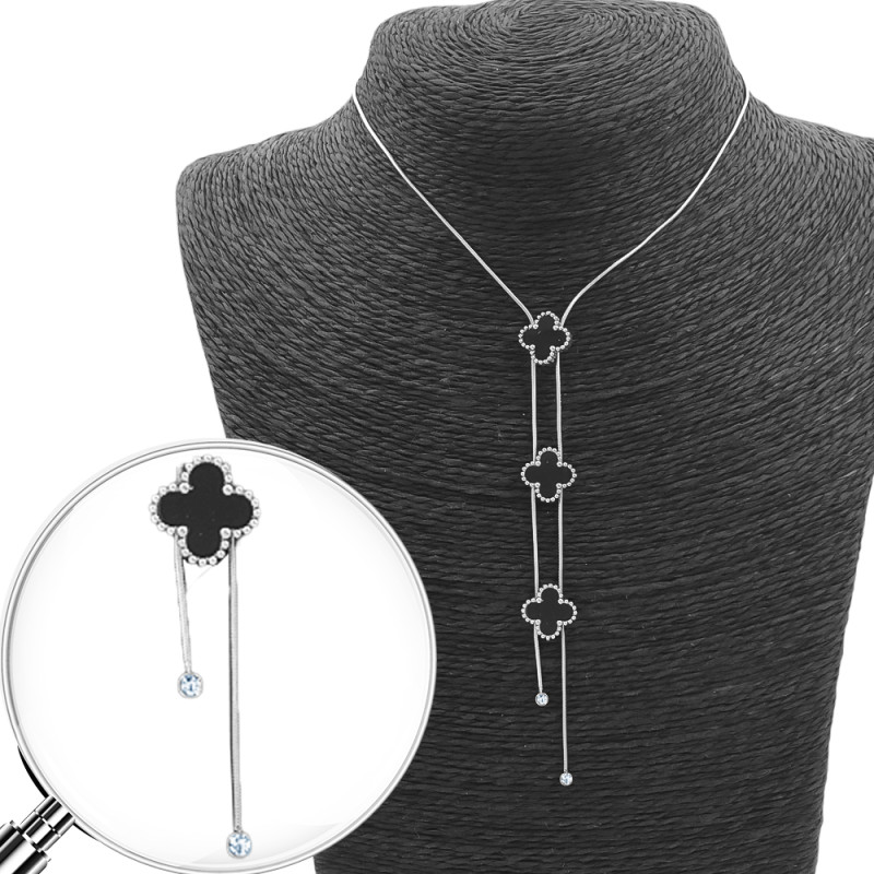 GARGANTILLA NEGRO TRES FLORES Y COLA DE RATA EXTREMOS STRASS TREBOL TIPO VAN CLEEF 34+6CM COLLAR