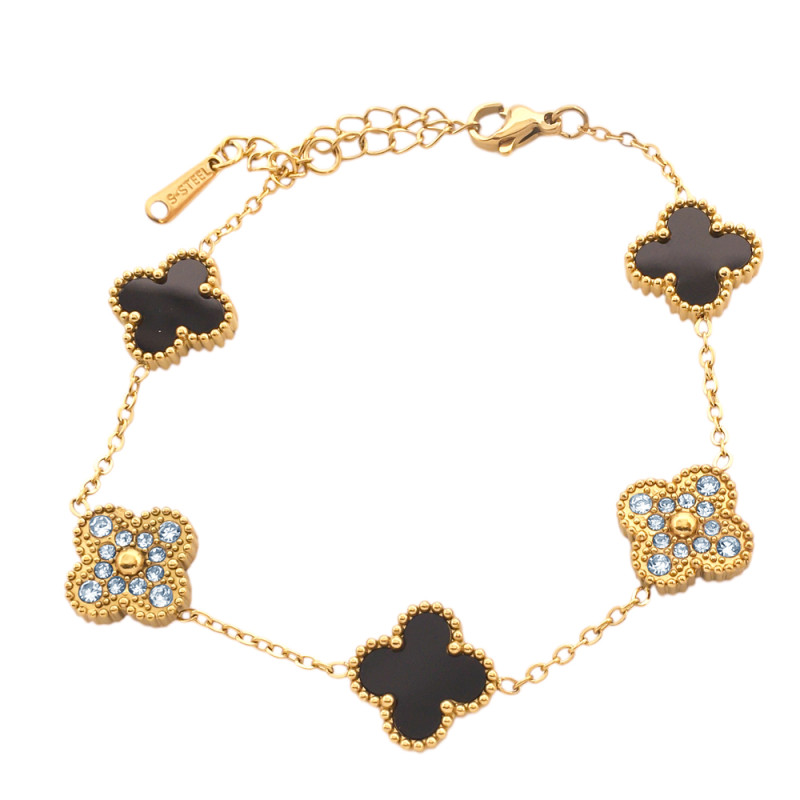 DORADO NEGRO TRES FLORES Y DOS FLORES C/ STRASS TREBOL TIPO VAN CLEEF 18+4CM PULSERA