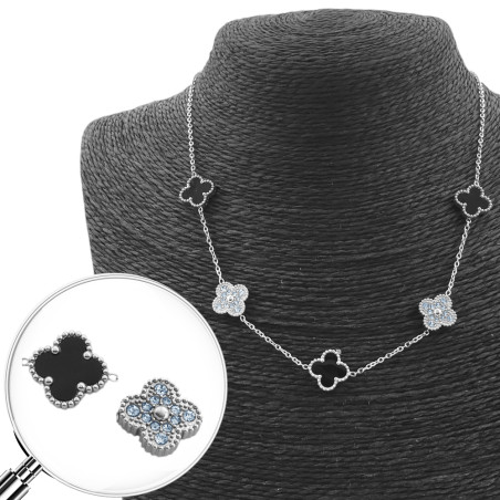 NEGRO TRES FLORES Y DOS C/ STRASS TREBOL TIPO VAN CLEEF 45+5CM COLLAR