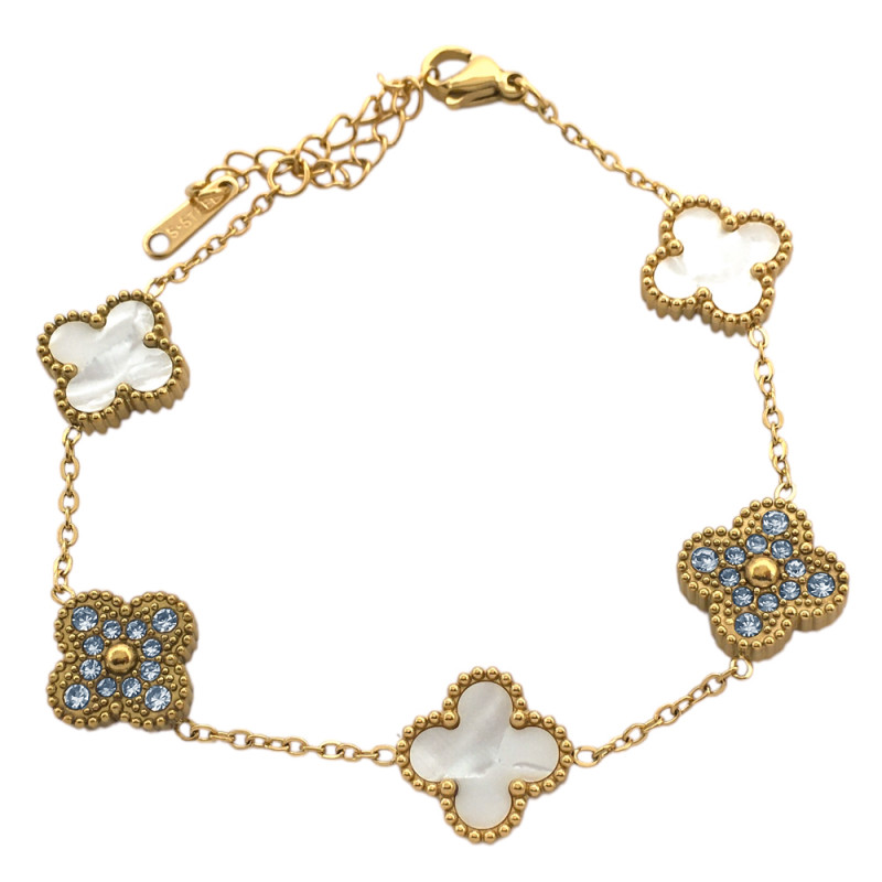 DORADO NACAR TRES FLORES Y DOS FLORES C/ STRASS TREBOL TIPO VAN CLEEF 18+4CM PULSERA