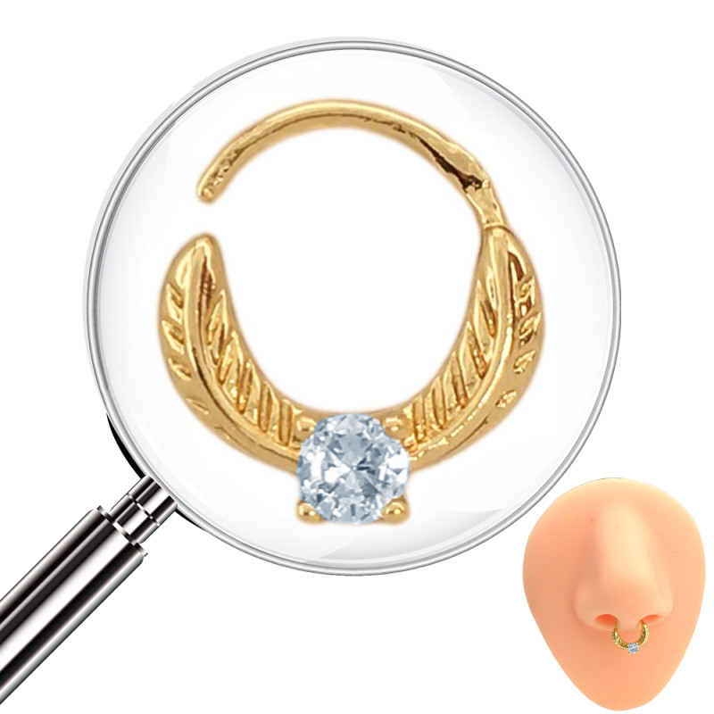 DORADO SEPTUM 8MM ARGOLLITA PLUMA Y CUBIC DE NARIZ U OREJA PIERCING