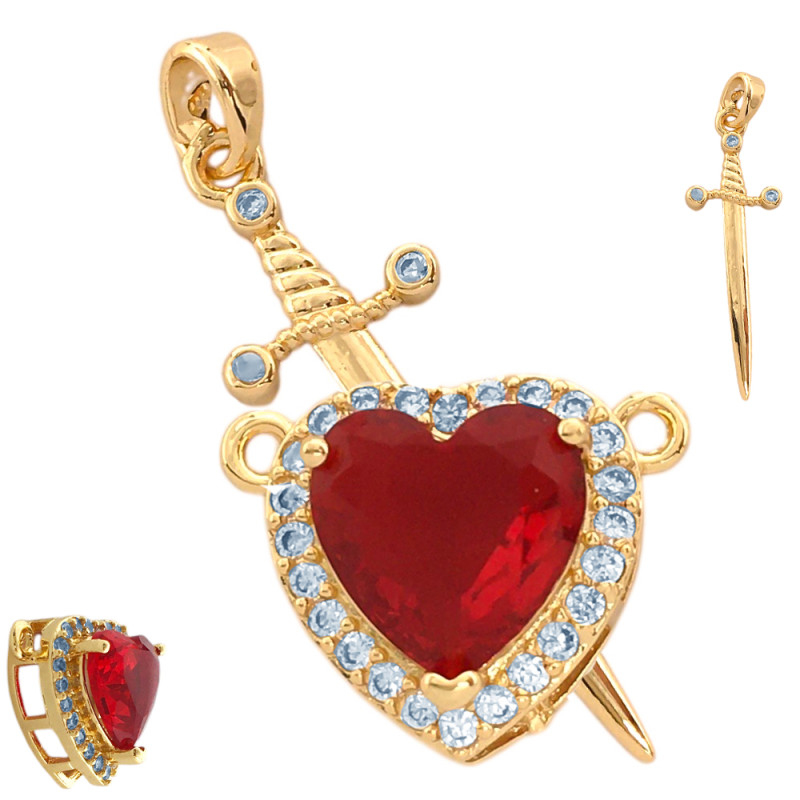 DORADO ROJO CRISTAL DIJES CORAZON Y ESPADA CON CUBIC PARA COMPARTIR DIJE