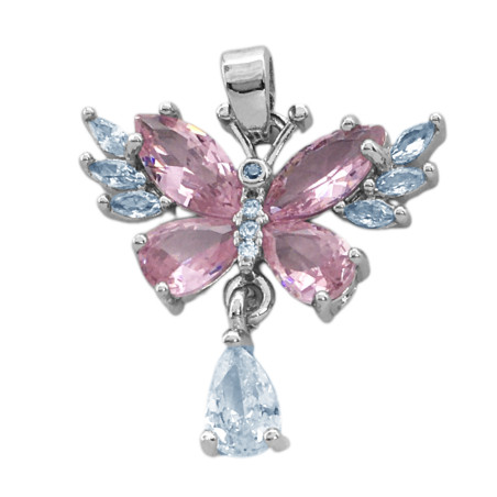 BLANCO PREMIUM MARIPOSA CUBIC ROSA Y CRISTAL EN LAS ALAS Y Y UNA GOTA EN CRISTAL COLGANDO DIJE