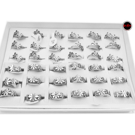 CAJA x36 DOS FLORES CALADAS Y TRES FLORES LISAS DE 7 PETALOS ANILLO
