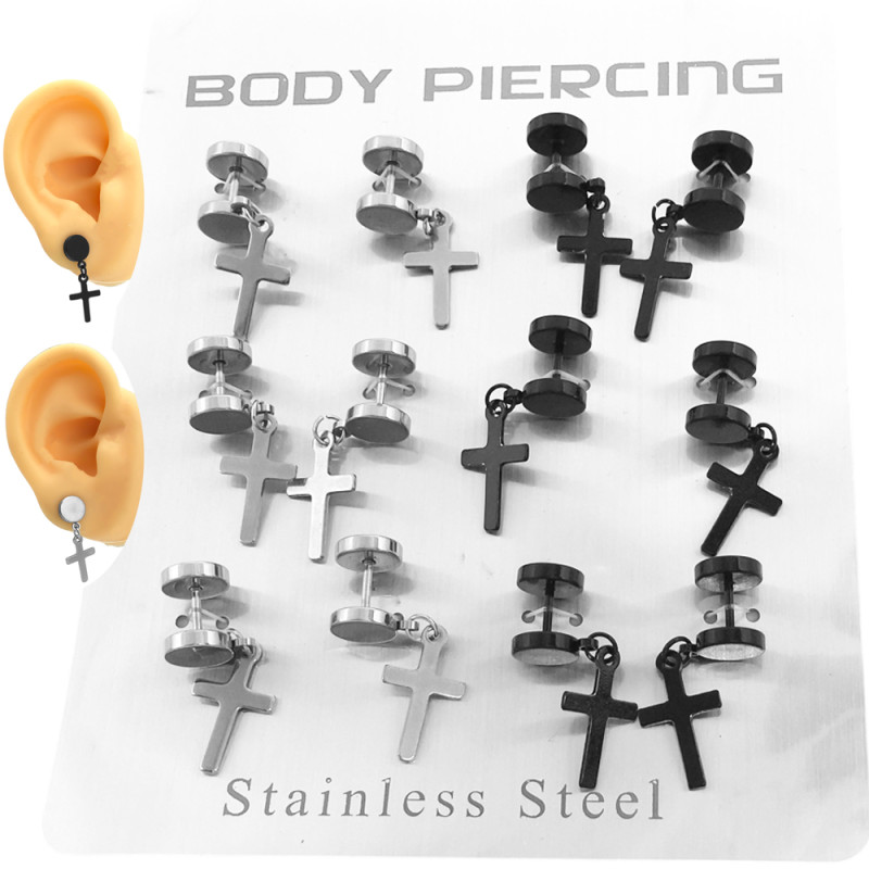 NEGRO / ACERO BLISTER X12 UNIDADES FALSO EXPANSOR C/ CRUZ COLGANDO A ROSCA PIERCING