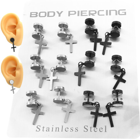 NEGRO / ACERO BLISTER X12 UNIDADES FALSO EXPANSOR C/ CRUZ COLGANDO A ROSCA PIERCING