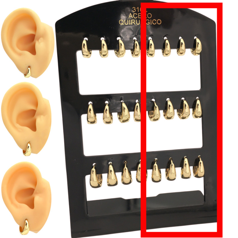 DORADO MEDIO BLISTER X6 PARES ASIMETRICA HUECA BISAGRA BOMBE LIVIANA 3 MEDIDAS 9-12-14MM ARO