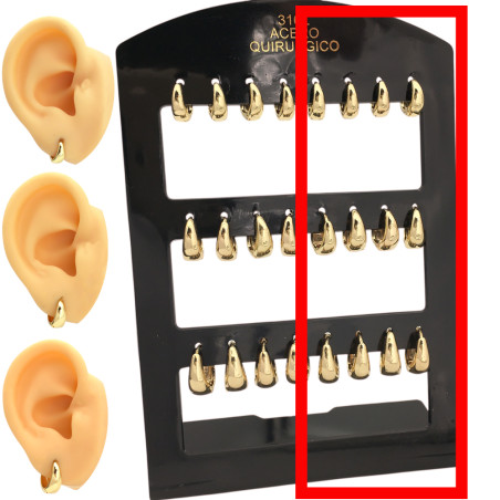 DORADO MEDIO BLISTER X6 PARES ASIMETRICA HUECA BISAGRA BOMBE LIVIANA 3 MEDIDAS 9-12-14MM ARO