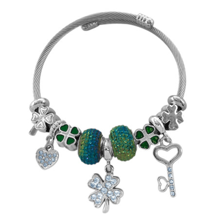 TIPO PANDORA TREBOL 4 HOJAS Y VERDE TORNASOLADO CORAZON LLAVE ESCLAVA PULSERA