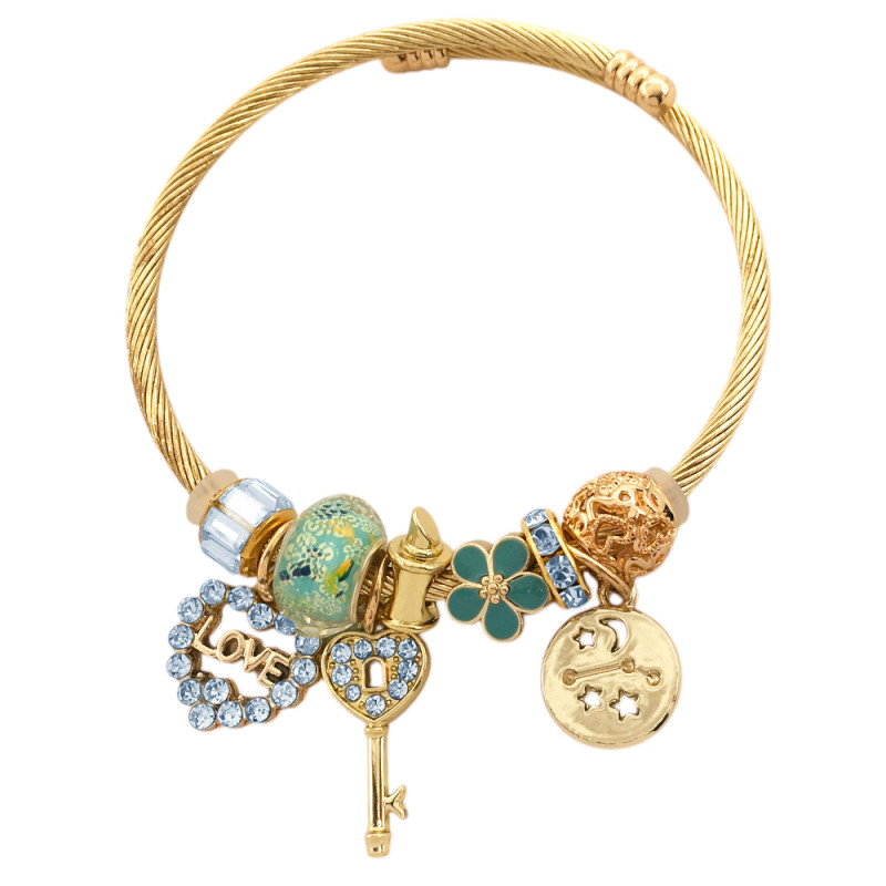 DORADO TIPO PANDORA LOVE CORAZON LLAVE CUBIC TURQUESA VERDE AGUAMARINA ESCLAVA PULSERA