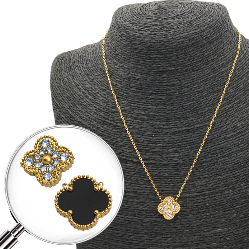 DORADO REVERSIBLE UNA FLOR TREBOL NEGRO O STRASS CRISTAL TIPO VAN CLEEF 45+5CM COLLAR