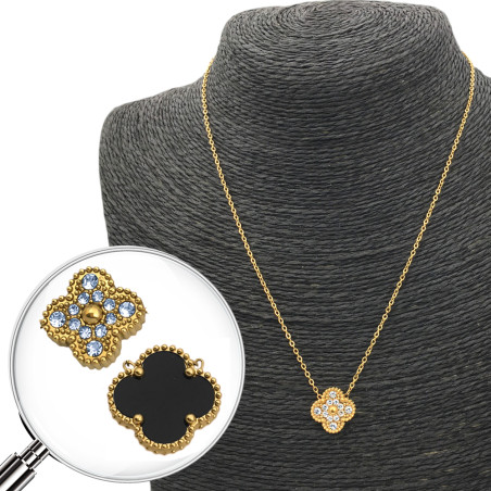 DORADO REVERSIBLE UNA FLOR TREBOL NEGRO O STRASS CRISTAL TIPO VAN CLEEF 45+5CM COLLAR