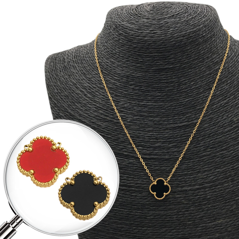 DORADO REVERSIBLE UNA FLOR TREBOL ROJA O NEGRO TIPO VAN CLEEF 45+5CM COLLAR