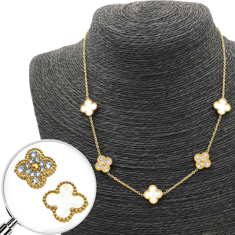 DORADO NACAR TRES FLORES Y DOS C/ STRASS TREBOL TIPO VAN CLEEF 45+5CM COLLAR