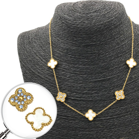 DORADO NACAR TRES FLORES Y DOS C/ STRASS TREBOL TIPO VAN CLEEF 45+5CM COLLAR