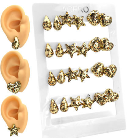 DORADO BLISTER X12 PARES ANIMAL TRES FORMAS DISTINTAS FANTASIA FINA FRU FRU PLATEADO AROS