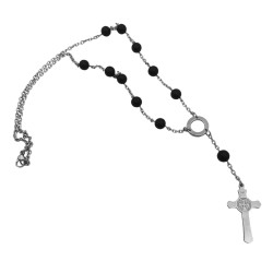DENARIO 8MM C/ CUENTA DE PIEDRA ONIX NEGRO MATE CRUZ MACIZA C/ SAN BENITO Y CENTRO CIRCULO (UNISEX)