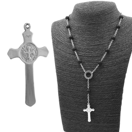 DENARIO 8MM C/ CUENTA DE PIEDRA ONIX NEGRO MATE CRUZ MACIZA C/ SAN BENITO Y CENTRO CIRCULO (UNISEX)