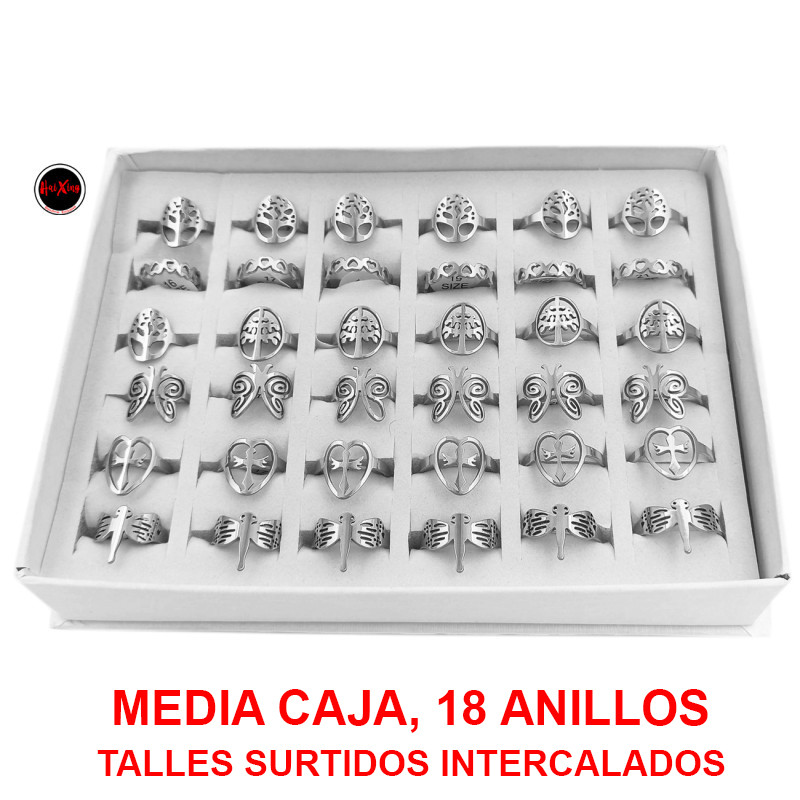 MEDIA CAJA x18 FORMAS SURTIDAS (ARBOL / CORAZONES INVERTIDOS / ARBOL / MARIPOSA / CORAZON C/ CRUZ / LIBELULA) ANILLO