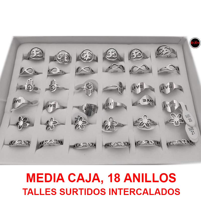 MEDIA CAJA x18 FORMAS SURTIDAS MODELO AA1 ANILLO (INFINITO / FLOR / LOVE / MANO / CORAZONES / OM))