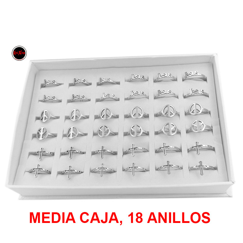 MEDIA CAJA FORMAS SURTIDAS MODELO AA8 (CRUZ CORTA / PAZ / JESUS) ANILLO