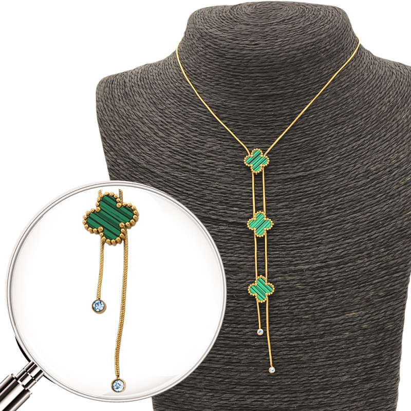 DORADO GARGANTILLA VERDE TIPO MALAQUITA TRES FLORES Y COLA DE RATA EXTREMOS STRASS TREBOL TIPO VAN CLEEF 34+6CM COLLAR