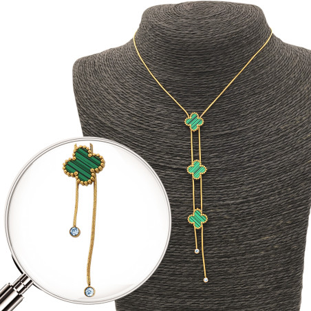 DORADO GARGANTILLA VERDE TIPO MALAQUITA TRES FLORES Y COLA DE RATA EXTREMOS STRASS TREBOL TIPO VAN CLEEF 34+6CM COLLAR