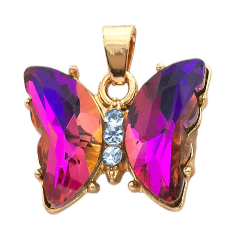 DORADO VIOLETA TORNASOLADO FACETADO MARIPOSA Y CENTRO DE STRASS CRISTAL DROPS ACERO QUIRURGICO BASE FANTASIA FINA DIJE