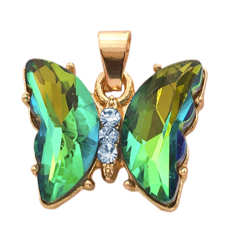 DORADO VERDE ESMERALDA TORNASOLADO FACETADO MARIPOSA Y CENTRO DE STRASS CRISTAL DROPS ACERO QUIRURGICO BASE FANTASIA FINA DIJE