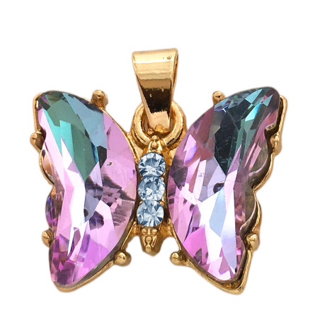 DORADO AZUL VIOLETA TORNASOLADO FACETADO MARIPOSA Y CENTRO DE STRASS CRISTAL DROPS ACERO QUIRURGICO BASE FANTASIA FINA DIJE
