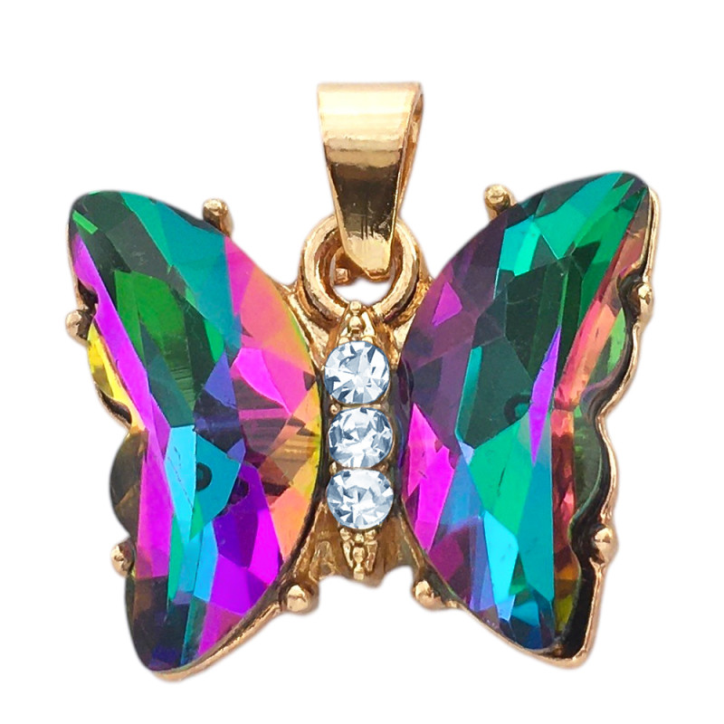 DORADO TORNASOL FACETADO MARIPOSA Y CENTRO DE STRASS CRISTAL DROPS ACERO QUIRURGICO BASE FANTASIA FINA DIJE