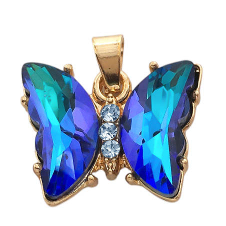 DORADO AZUL TORNASOLADO FACETADO MARIPOSA Y CENTRO DE STRASS CRISTAL DROPS ACERO QUIRURGICO BASE FANTASIA FINA DIJE