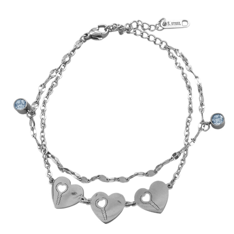 TRES CORAZONES DOBLE CADENA Y DOS CILINDROS DE CUBIC 17.5+4CM PULSERA