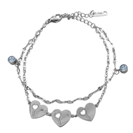 TRES CORAZONES DOBLE CADENA Y DOS CILINDROS DE CUBIC 17.5+4CM PULSERA