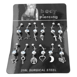 BLISTER x12 VARIANTE:B BOLITAS UNA C/ STRASS Y DIJES LISOS SURTIDOS OMBLIGO CURVO EXTREMOS DISTINTO TAMAÑO PIERCING