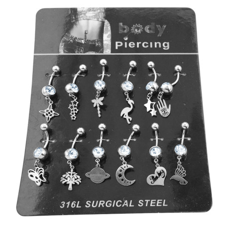 BLISTER x12 VARIANTE:A BOLITAS UNA C/ STRASS Y DIJES LISOS SURTIDOS OMBLIGO CURVO EXTREMOS DISTINTO TAMAÑO PIERCING