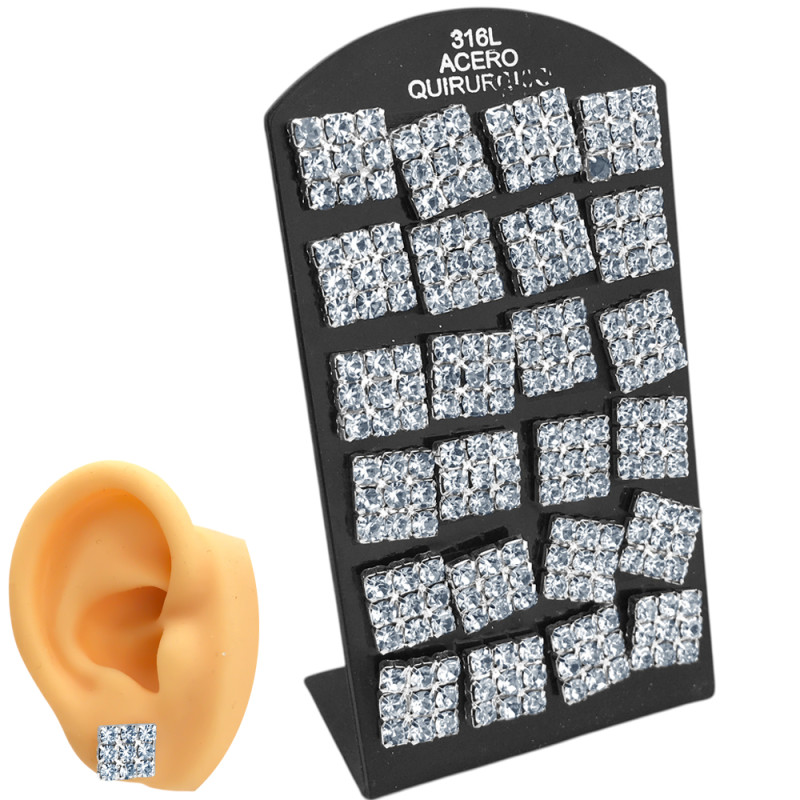 BLISTER x12 PARES CUADRADO MEDIANO 10*10MM C/ 12 STRASS ARO