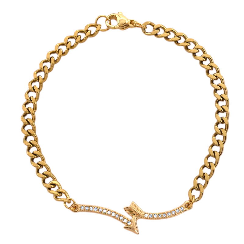DORADO FLECHA C/ CUBIC CRISTAL Y ESLABON GROUMET PLANA 18CM PULSERA