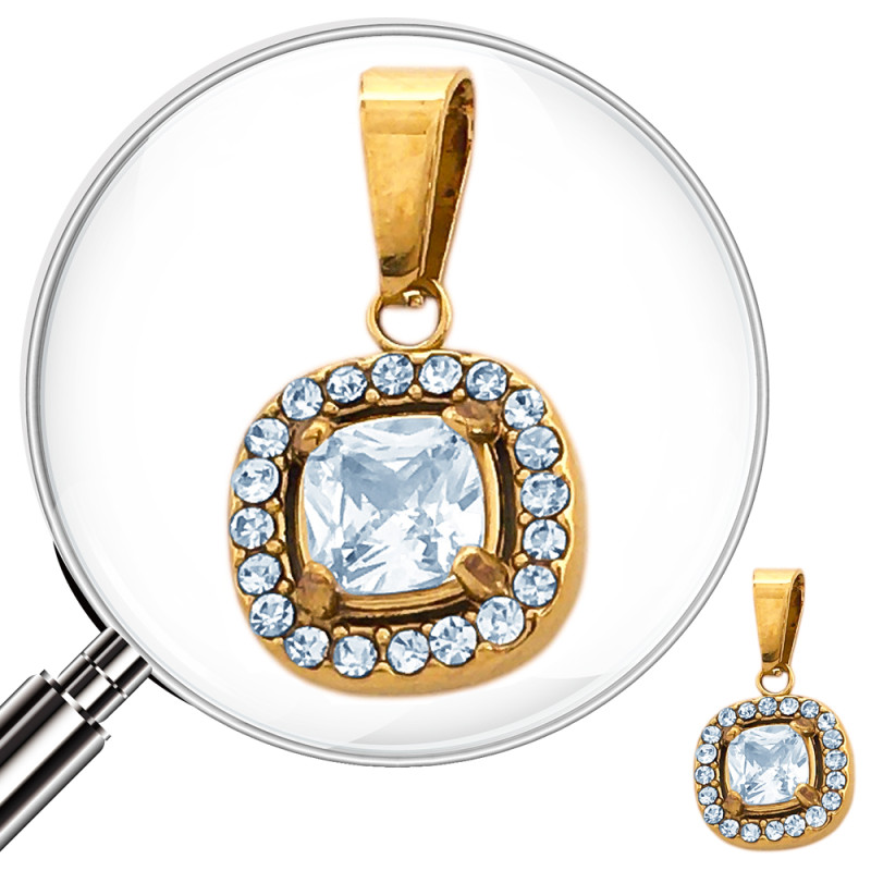 DORADO MINI CUADRADO BORDES REDONDEADOS CENTRO CUBIC Y CONTORNO STRASS DIJE