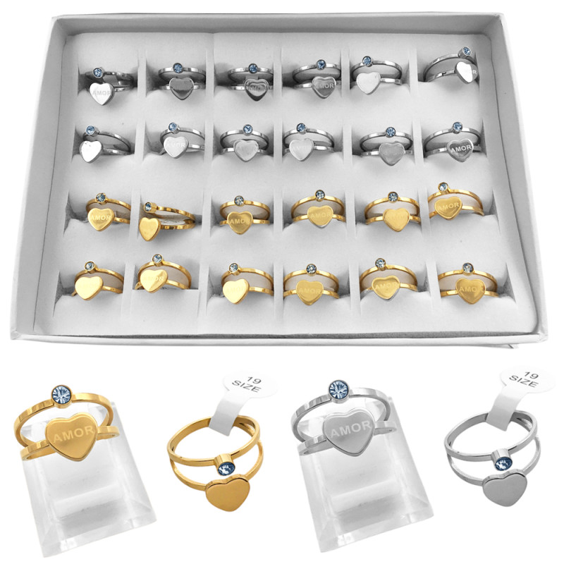 CAJA x24 SURTIDA DOBLE FLEJE CORAZON C/ PALABRA AMOR Y CUBIC EN CILINDRO EN DORADO Y ACERO ANILLO