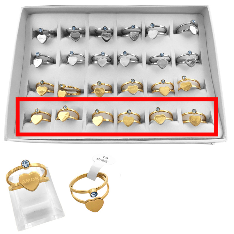 DORADO CURVA X6 UNIDADES DOBLE FLEJE CORAZON C/ PALABRA AMOR Y CUBIC EN CILINDRO ANILLO