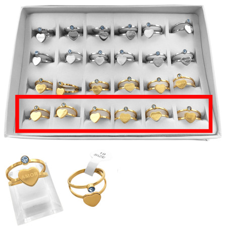 DORADO CURVA X6 UNIDADES DOBLE FLEJE CORAZON C/ PALABRA AMOR Y CUBIC EN CILINDRO ANILLO