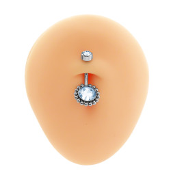 CIRCULO C/ CUBIC FACETADO Y REBORDE DE BOLITAS C/ EXTREMO CILINDRO DE CUBIC OMBLIGO ACERO QUIRURGICO PIERCING