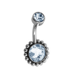 CIRCULO C/ CUBIC FACETADO Y REBORDE DE BOLITAS C/ EXTREMO CILINDRO DE CUBIC OMBLIGO ACERO QUIRURGICO PIERCING